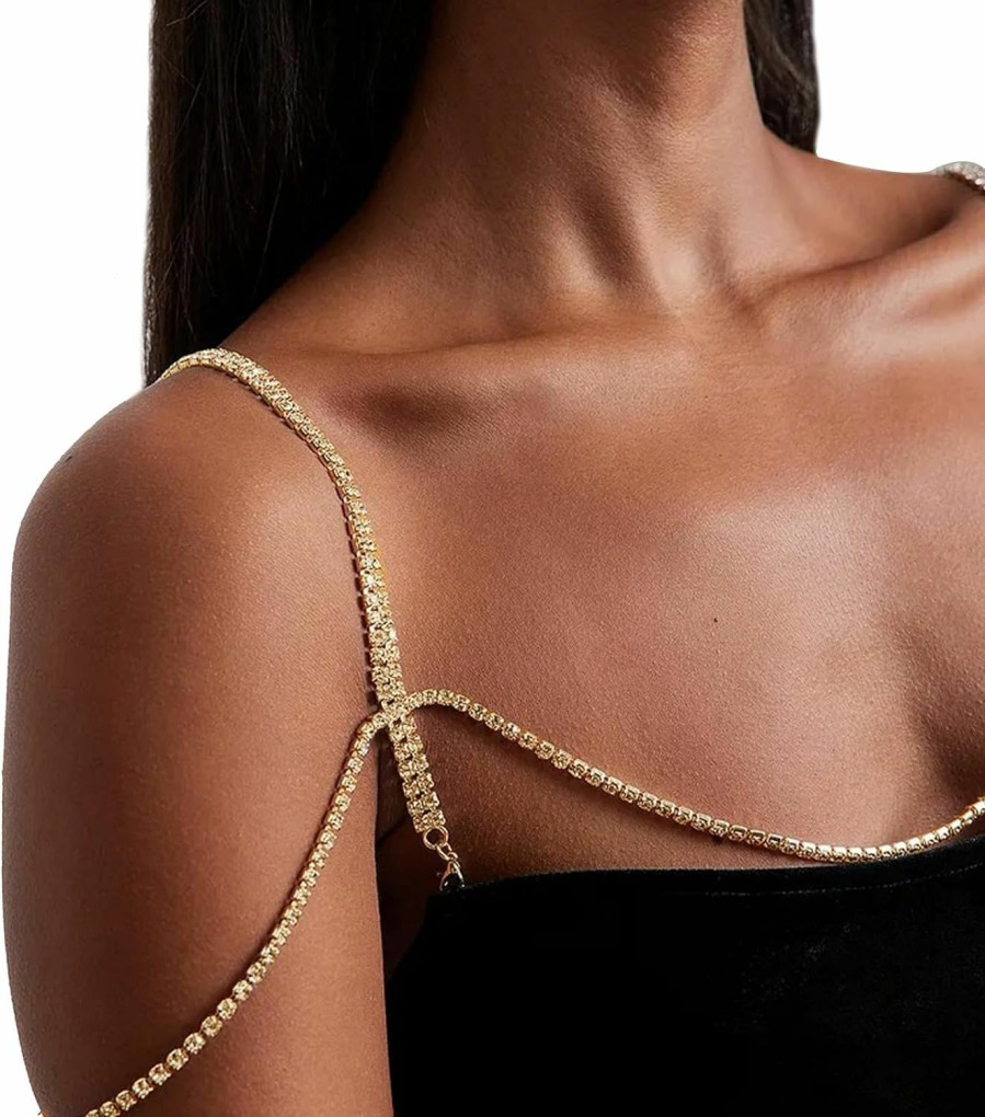 Body Chains | Cusmyre Sexy Multilayer Rhinestone Shoulder Chain Jewelry Bridal Wedding Back Chain Necklace Crystal Tassel Shoulder Body Chain Festival Shoulder Arm Chain Jewelry For Women (Rhinestone-Gold)