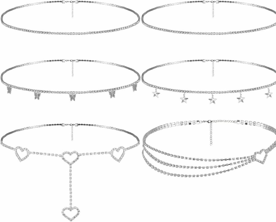 Body Chains | Lenwen 6 Pcs Rhinestone Waist Belly Chain For Women Crystal Butterfly Waist Chain Silver Bikini Body Chains Summer Heart Belly Chain Beach Waist Belt Chain Jewelry For Girls Women