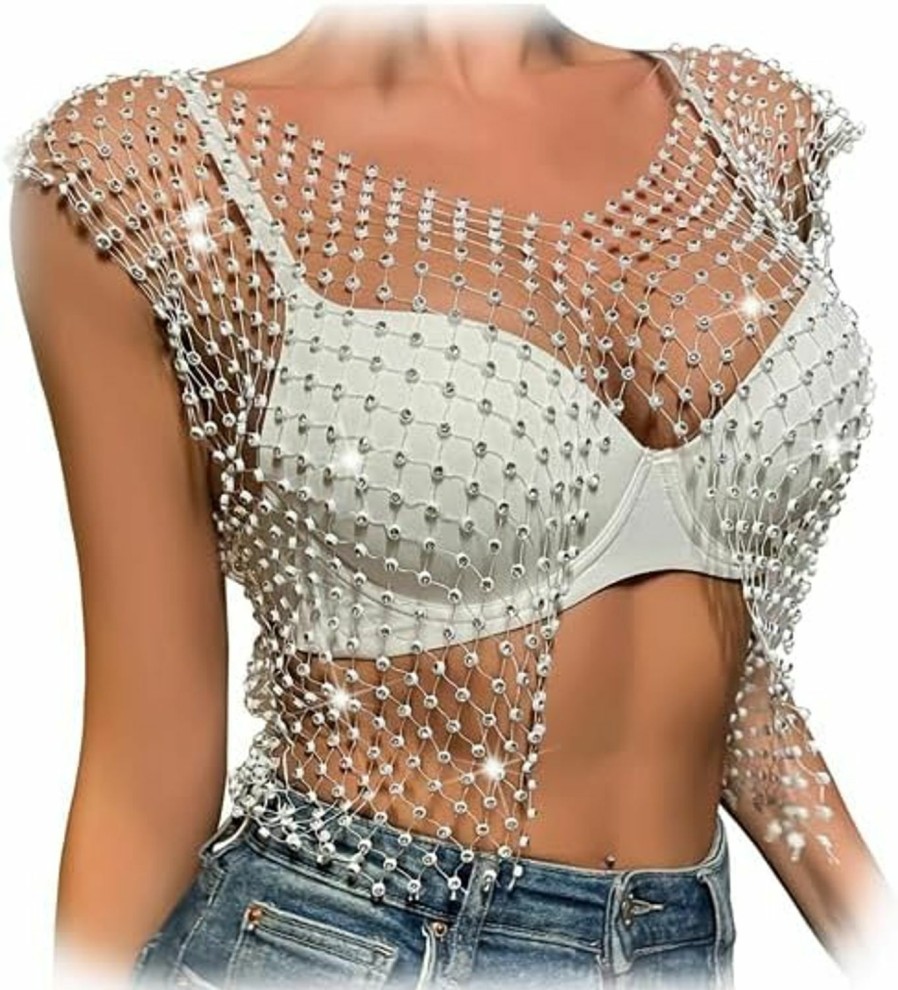 Body Chains | Cusmyre Summer Beach Rhinestone Mesh Top Shirt Bikini Crystal Bra Body Chain Festival Rave Fringe Crop Top Body Jewelry Rhinestone Underwear Chain For Women (Silver)