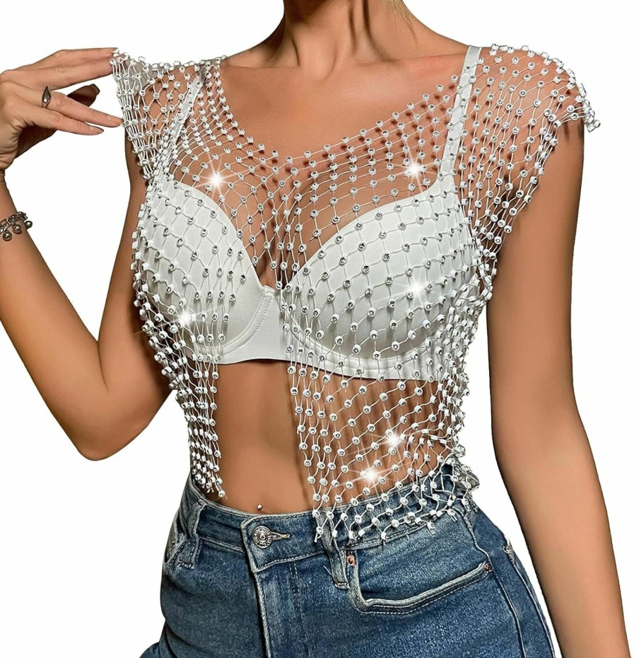 Body Chains | Cusmyre Summer Beach Rhinestone Mesh Top Shirt Bikini Crystal Bra Body Chain Festival Rave Fringe Crop Top Body Jewelry Rhinestone Underwear Chain For Women (Silver)