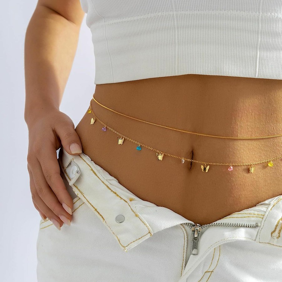 Body Chains | YANCHUN Layered Beaded Waist Chain Gold Cross Belly Chain Crystal Moon Star Butterfly Body Chain Summer Boho Beach Bikini Body Chains Adjustable Body Jewelry For Women Girls