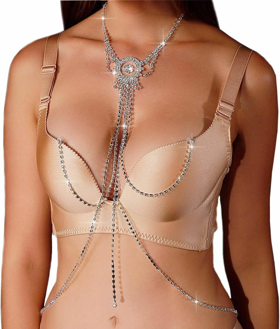 Body Chains | Cusmyre Sexy Bling Rhinestone Bra Chain Crystal Waist Belly Bikini Body Chain Jewelry Rhinestone Non Piercing Red Nipple Body Chain For Women (Rhinestone Chain)