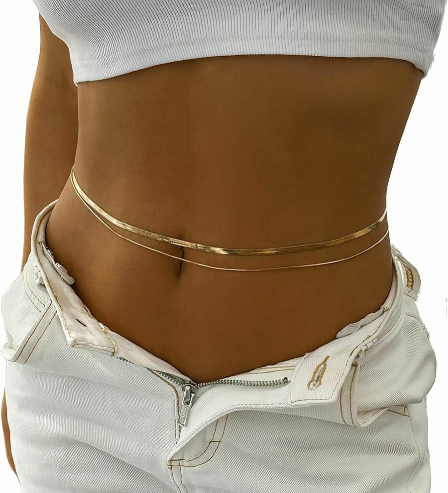 Body Chains | Rotaiboes Women Bikini Double Thin Waist Chain Jewelry Summer Beach Multi-Layer Body Belly Chain Simple Metal Link Layered Waist Body Chain