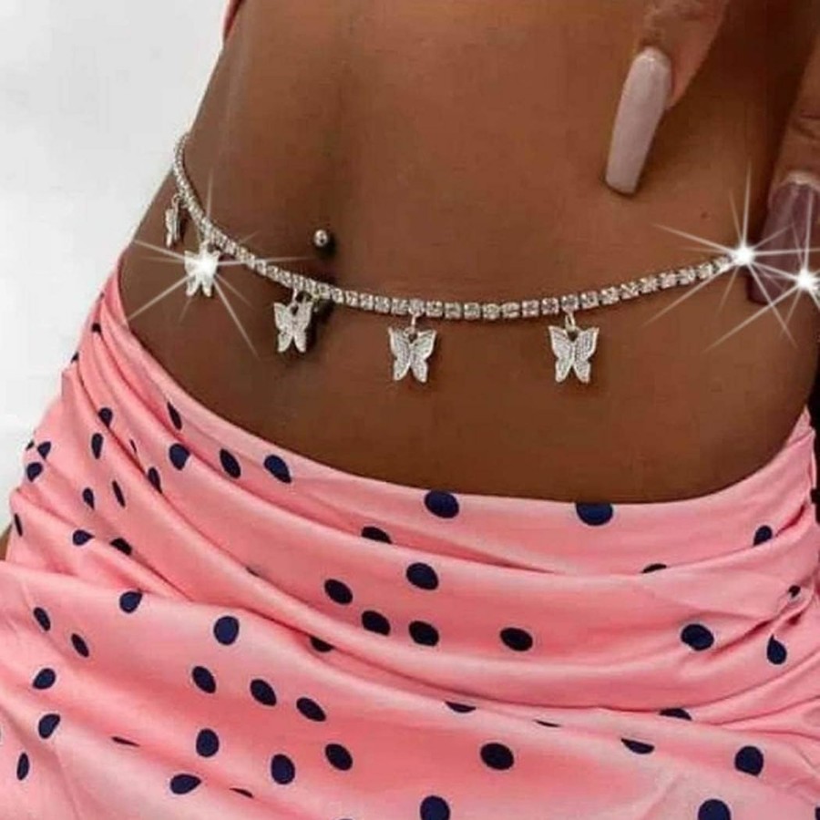 Body Chains | Zoestar Zoestar Gorgeous Crystal Waist Chains Bikini Butterfly Summer Beach Body Chain Jewelry For Women