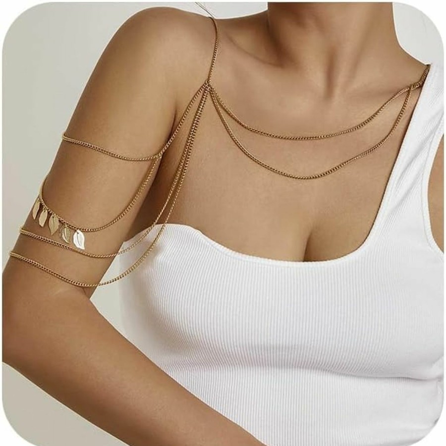 Body Chains | YienDoo Yiendoo Sexy Harness Body Chain Leaf Necklace Choker Shoulder Chain Gold Multi Row Leaf Pendant Arm Chain Unique Layered Leaf Shoulder Necklace Body Chain Jewelry Accessories For Women Girls