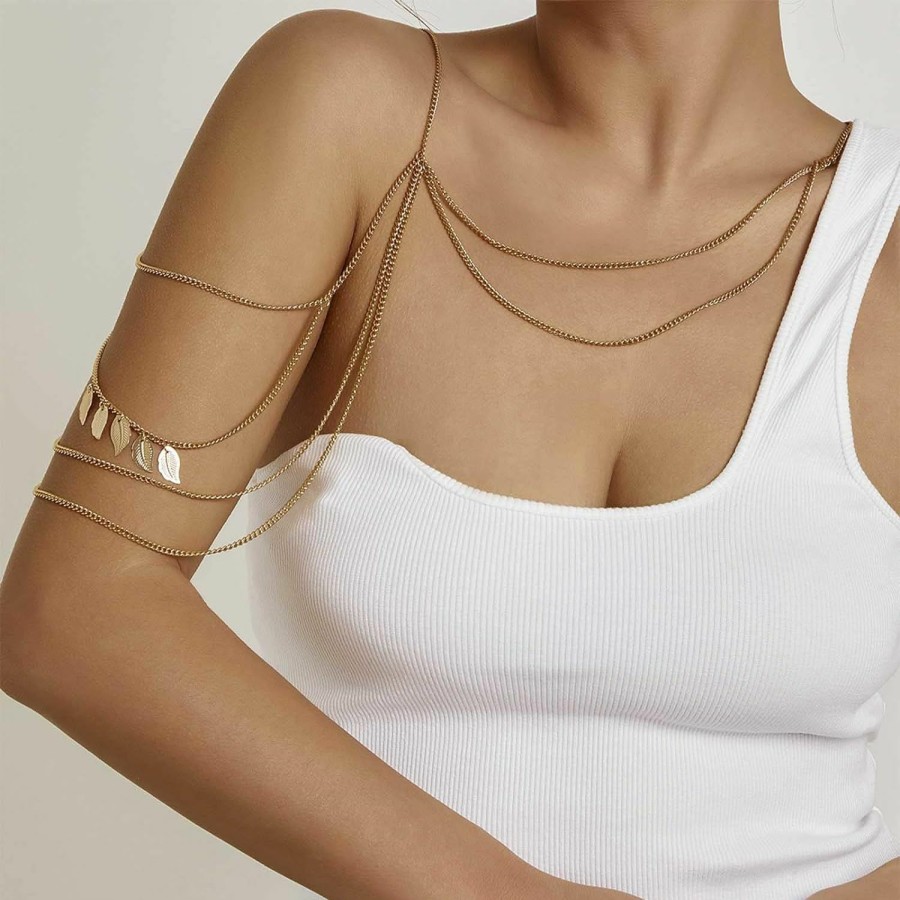 Body Chains | YienDoo Yiendoo Sexy Harness Body Chain Leaf Necklace Choker Shoulder Chain Gold Multi Row Leaf Pendant Arm Chain Unique Layered Leaf Shoulder Necklace Body Chain Jewelry Accessories For Women Girls