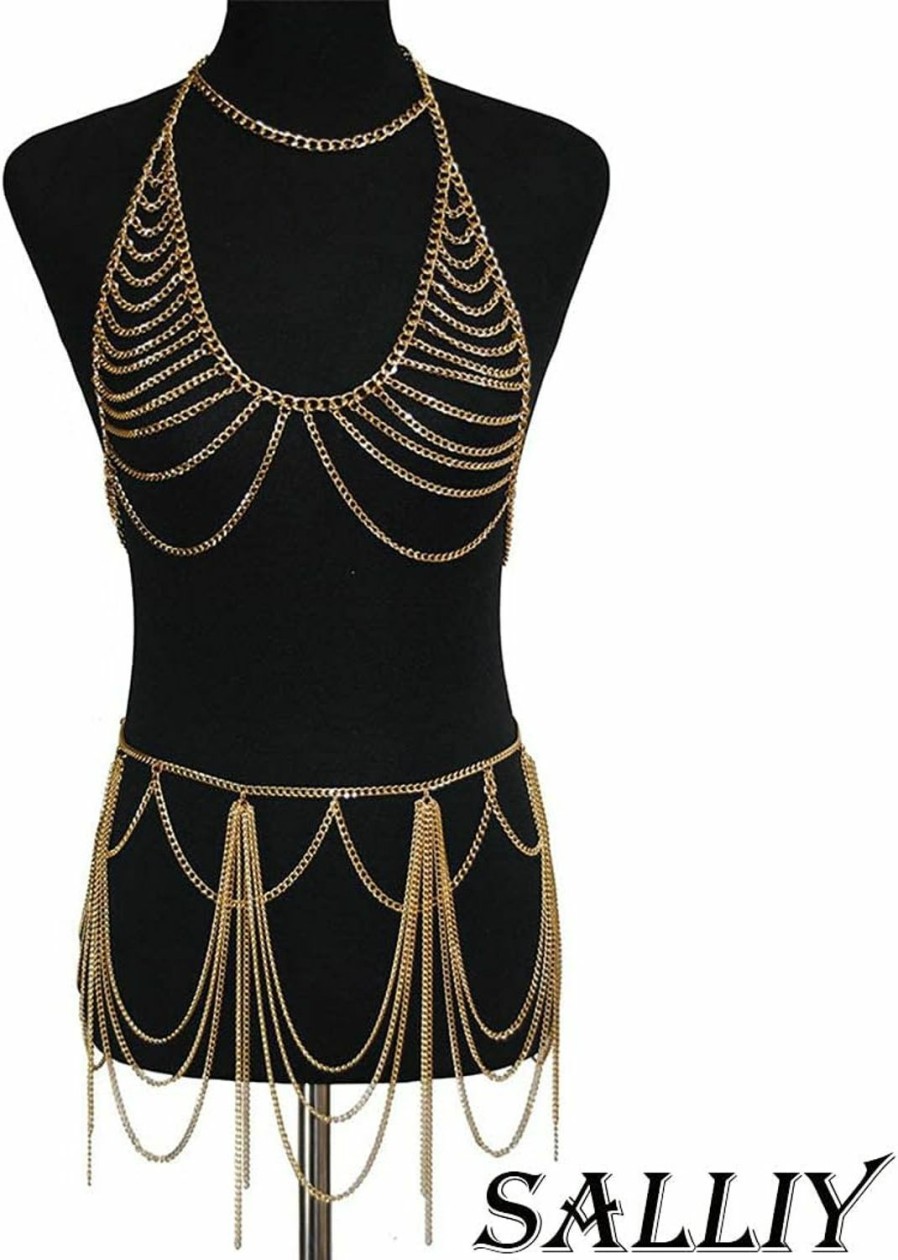 Body Chains | Salliy Salliy Boho Body Chain Bra Gold Sexy Rhinestone Bikini Bra Body Halter Backless Sequins Chain Bra Beach Body Accessories Jewelry For Women And Girls (Gold Bra + Skirt)