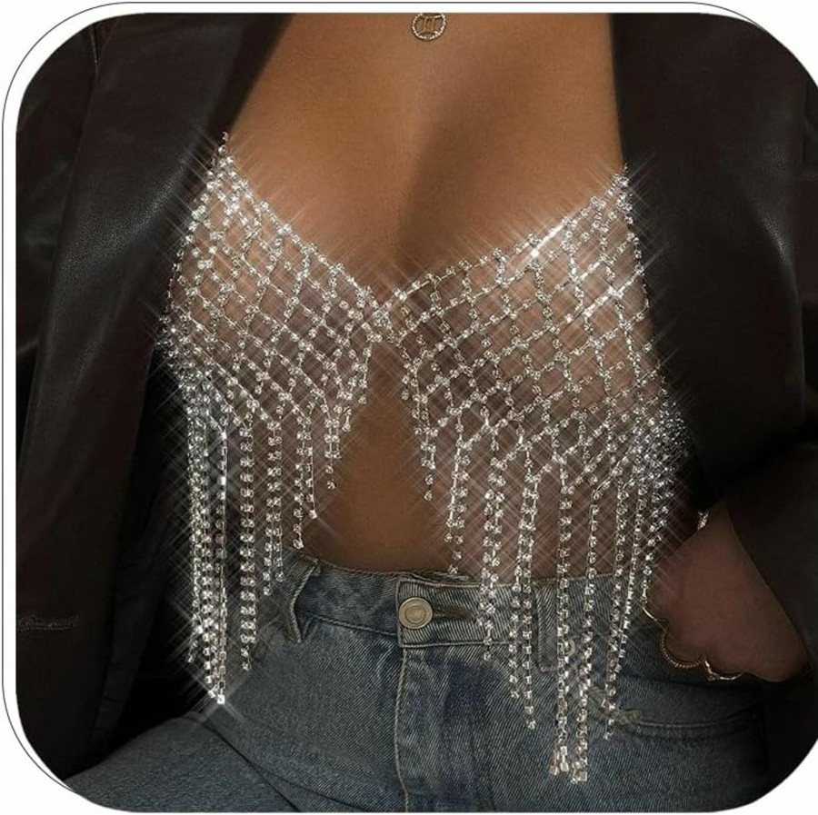 Body Chains | XSBODY Xsbody Rhinestone Mesh Chest Chain Body Jewelry For Women Sexy, Tassel Crystal Body Chains Bra Silver Nightclub Festival Accessories (Silver)