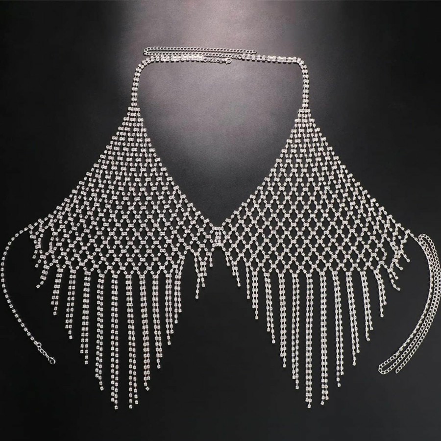 Body Chains | XSBODY Xsbody Rhinestone Mesh Chest Chain Body Jewelry For Women Sexy, Tassel Crystal Body Chains Bra Silver Nightclub Festival Accessories (Silver)