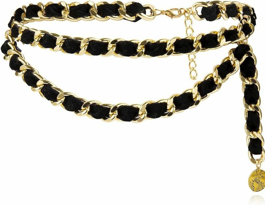 Body Chains | Jurxy Jurxy Alloy Waist Chain Body Chain Weave Rope Winding Twist Chain For Women Waist Belt Pendant Belly Chain Adjustable Body Harness For Jeans Dresses - S Size Black And Gold