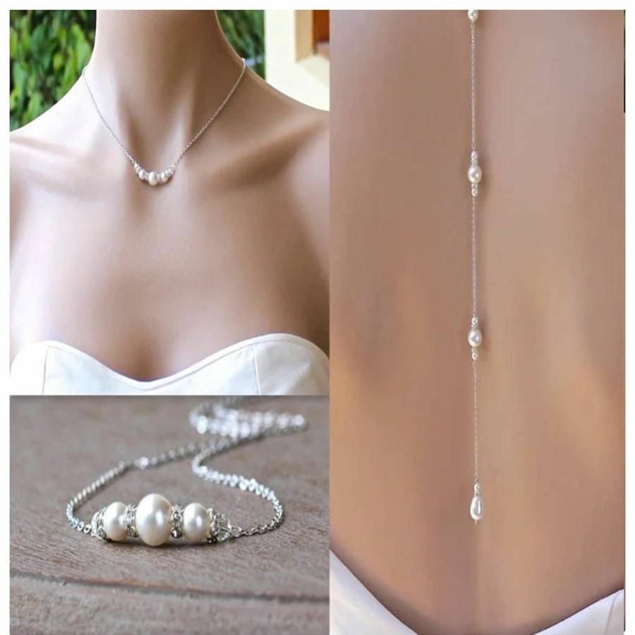 Body Chains | Yheakne Yheakne Boho Pearl Back Chain Necklace Silver Pearl Crystal Backdrop Necklace Body Chain Long Bridal Back Drop Chain Summer Beach Body Jewelry For Women And Girls