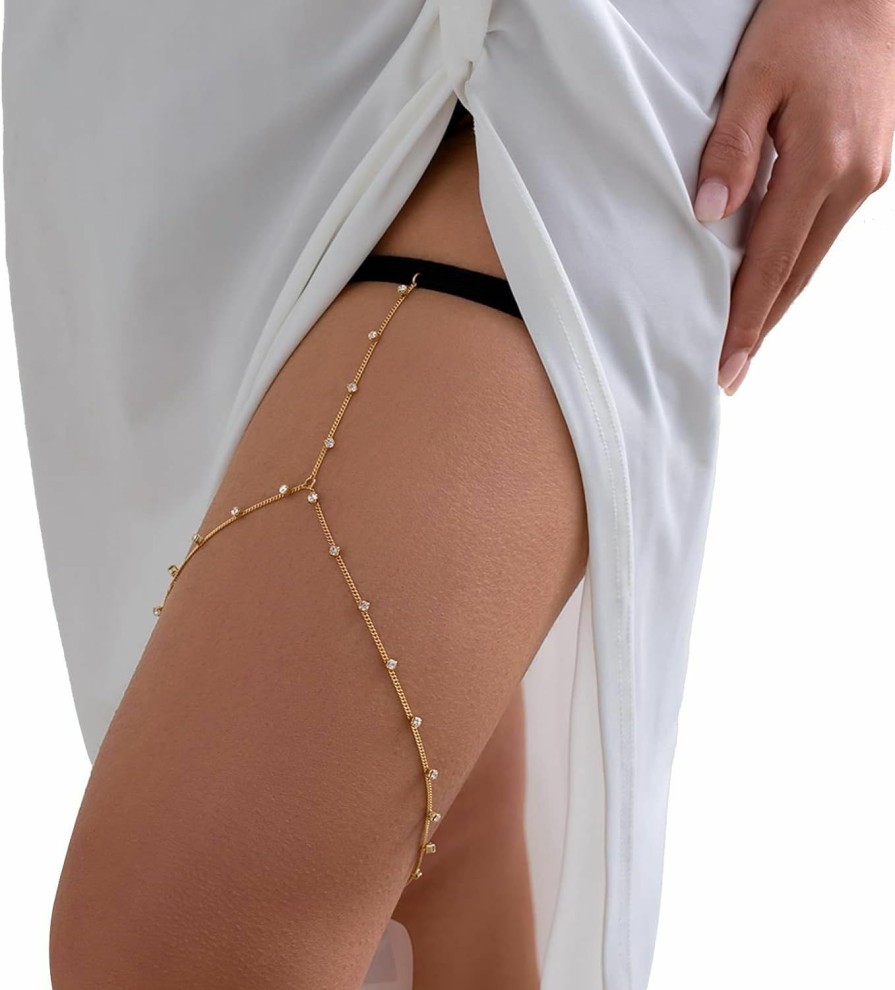 Body Chains | Rotaiboes Sexy Simple Rhinestone Leg Chain Crystal Body Chains Bikini Body Accessory Jewelry Summer Beach Stretchy Crystal Thigh Chain Jewelry For Women Teen Girls (Gold)