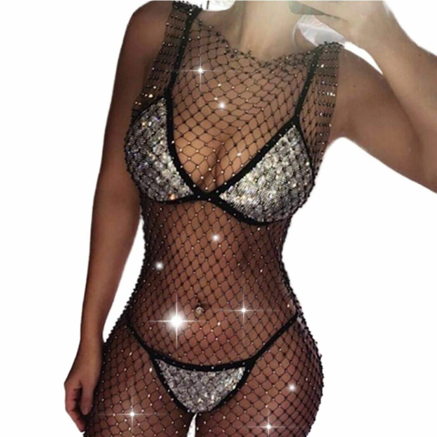 Body Chains | BODIY Bodiy Boho Mesh Body Chain Rhinestones Fishnet Skirt Hallow Out Crop Top Sparkly Bikini Chains Body Jewelry For Women And Girls (Black)