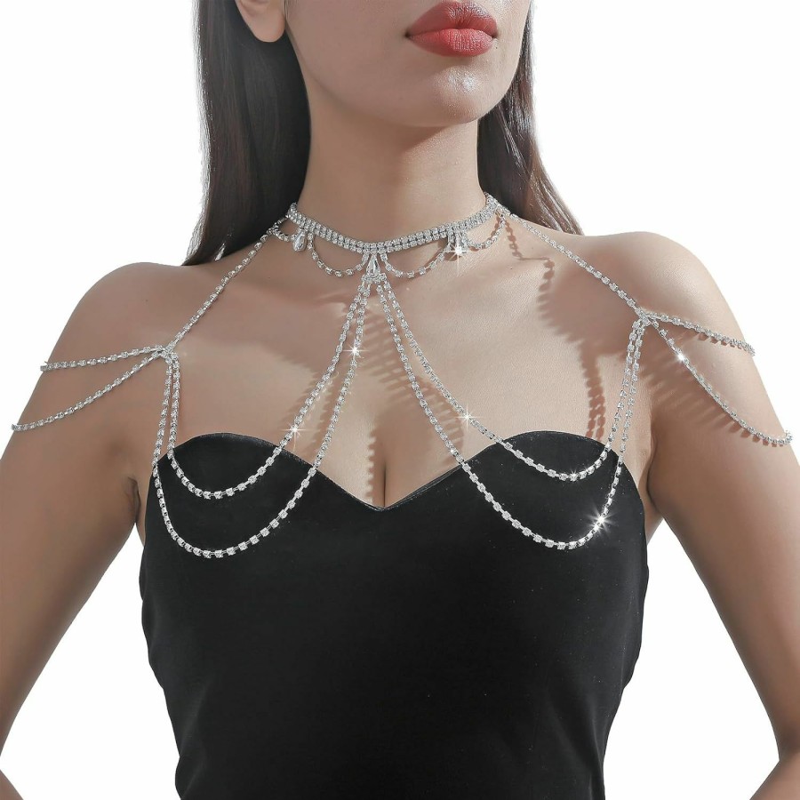 Body Chains | Zangoiry Rhinestone Shoulder Chain Necklace Jewelry Sexy Rhinestone Tassel Arm Chain Bridal Wedding Multi Layered Shoulder Body Chain Crystal Back Chain Jewelry For Women (Silver)