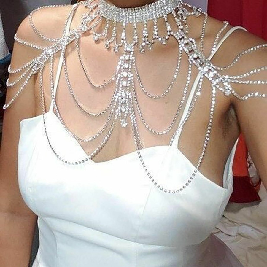 Body Chains | STONEFANS Stonefans Bridal Rhinestone Shoulder Necklace Body Collar Jewelry Luxury Tassel Crystal Shoulder Harness Chain Wedding For Women