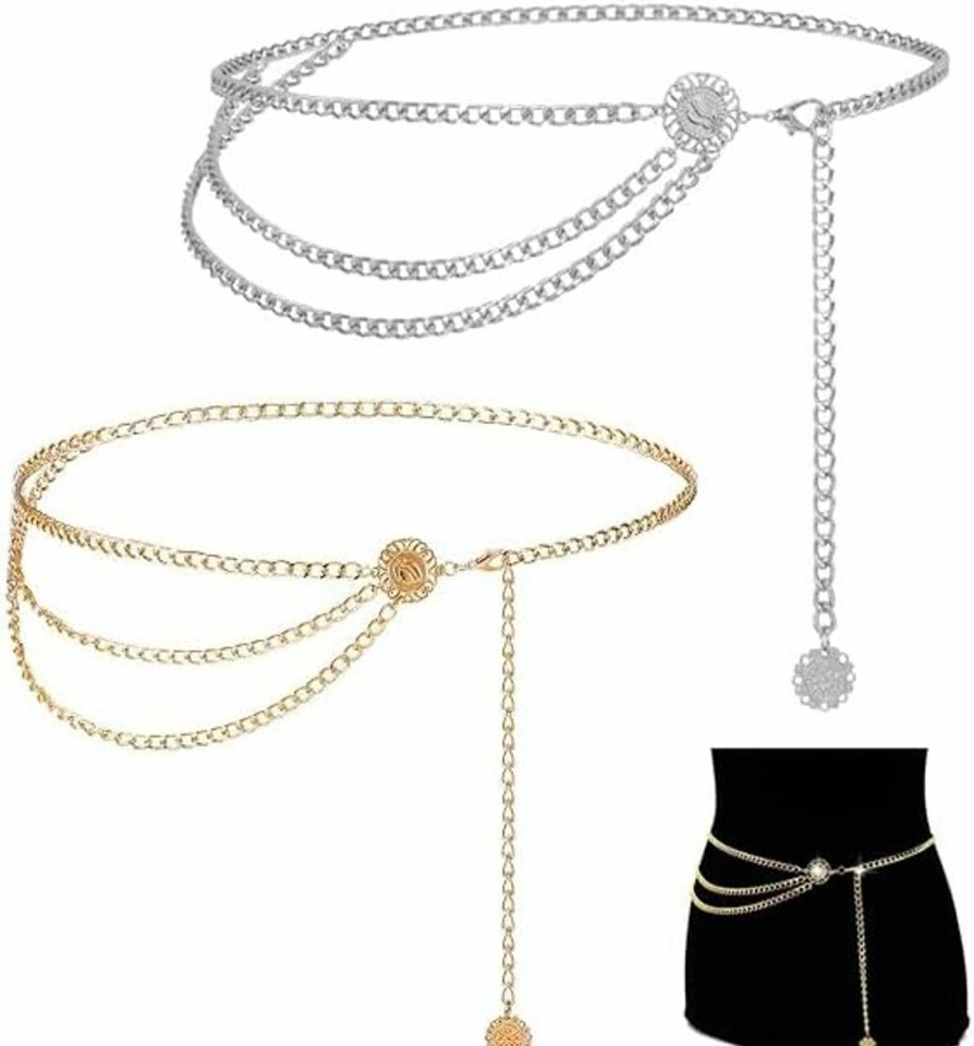 Body Chains | YEAHACLUB 2Pcs Silver/Gold Waist Chain Belt Plus Size, Plated Multilayer Body Belly Chain With Pearl Charms, Minimalist Elegant Fashionable Waist Chain Belt Suitable For Parties Banquets Dance Accessories