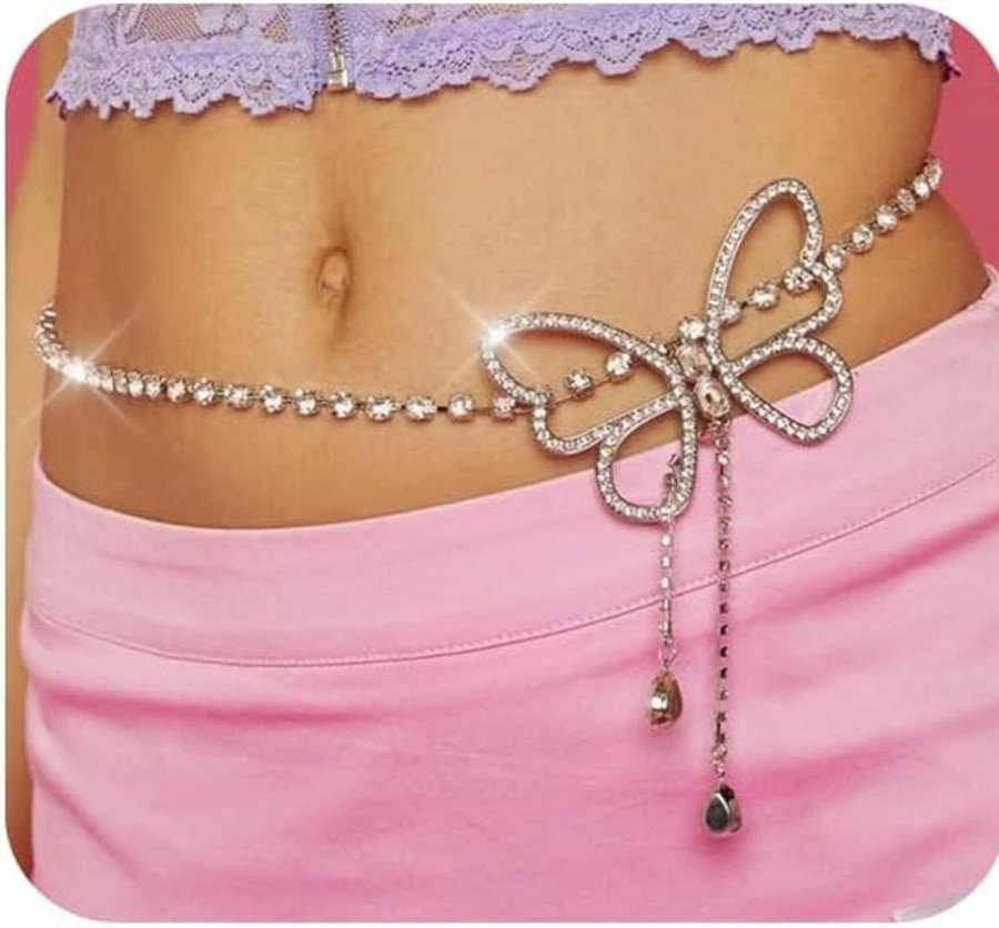 Body Chains | hadico Butterfly Waist Chain For Women Sparkly Rhinestone Crystal Body Chain Belly Chain Belt Summer Beach Bikini Body Jewelry Gift