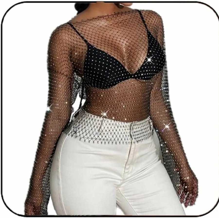 Body Chains | GENBREE Genbree Mesh Tank Top Rhinestone Body Chain Glitter Long Sleeve Cover Up Crop Tops Elastic Fishnet Body Jewelry Accessories For Women And Girls