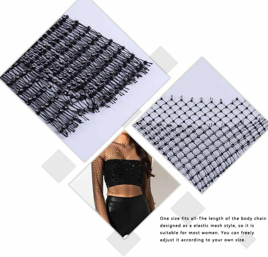 Body Chains | GENBREE Genbree Mesh Tank Top Rhinestone Body Chain Glitter Long Sleeve Cover Up Crop Tops Elastic Fishnet Body Jewelry Accessories For Women And Girls