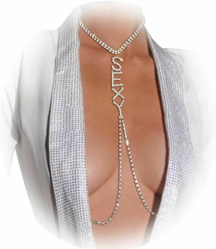 Body Chains | Zangoiry Rhinestone Sexy Letter Pendant Bra Body Chain Non Piercing Nipple Chain Necklace Crystal Chest Chain Sexy Lingerie Nipple Jewelry Rave Body Jewelry For Women