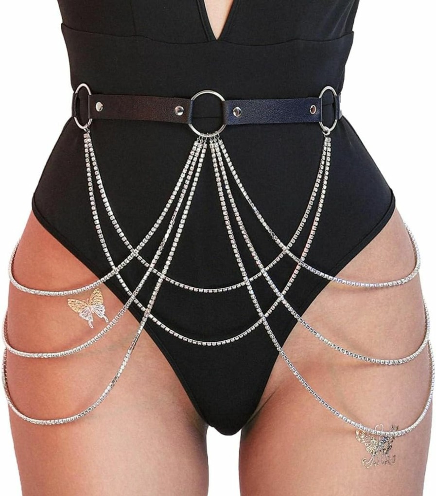 Body Chains | GEMILY Gemily Punk Body Chains Black Leather Waist Chain Belt Rhinestone Nightclub Body Jewelry Accessory For Women And Girls