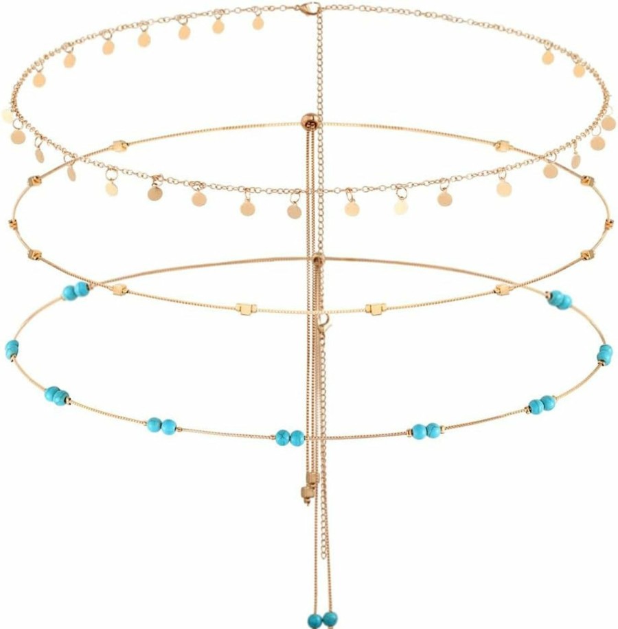 Body Chains | JEWEKY Jeweky Layered Beaded Waist Chain Sequin Belly Body Chain Turquoise Beach Body Jewelry For Women And Girls