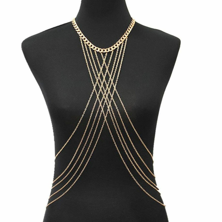 Body Chains | Bomine Bomine Harness Body Chain Bra Crossover Sexy Body Jewelry Bikini Chains Necklace For Women And Girls (Gold)