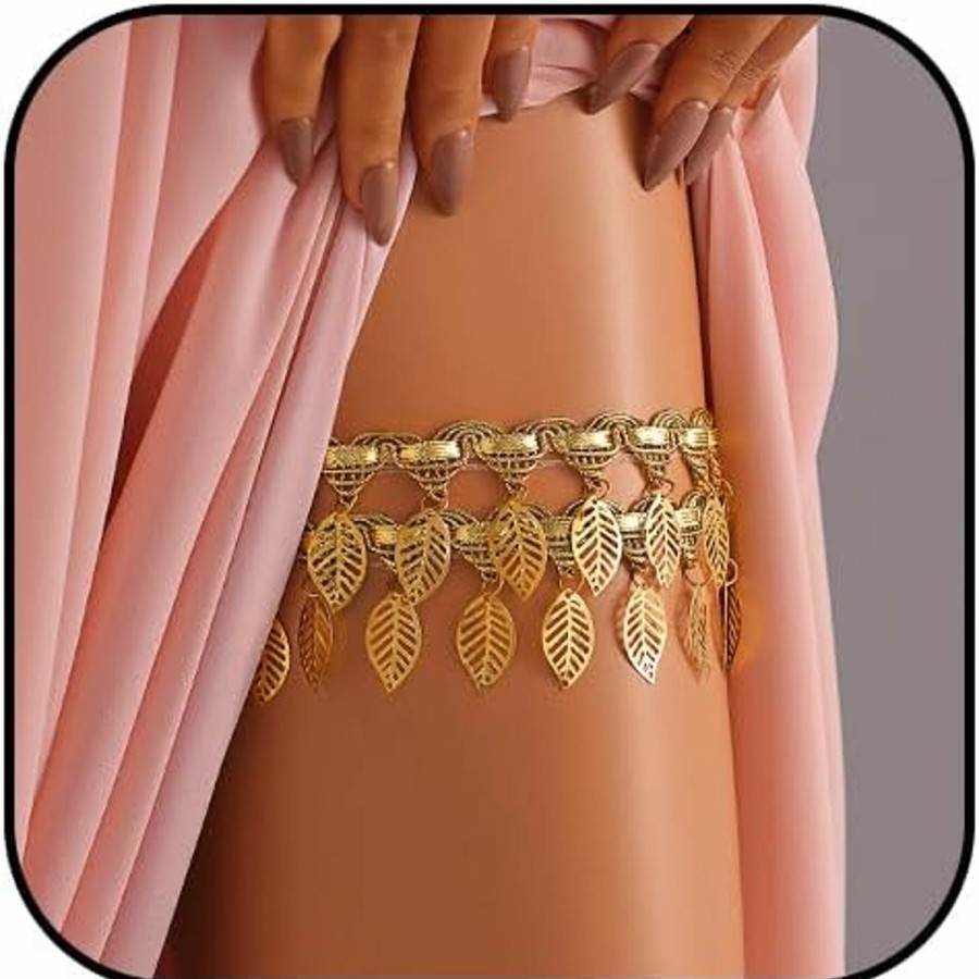 Body Chains | Sakytal Sakytal Boho Gold Leg Chain Layered Leaf Tassel Elastic Thigh Chain Lace Fringe Stretch Summer Beach Bikini Body Thigh Chain For Women (1Pcs)