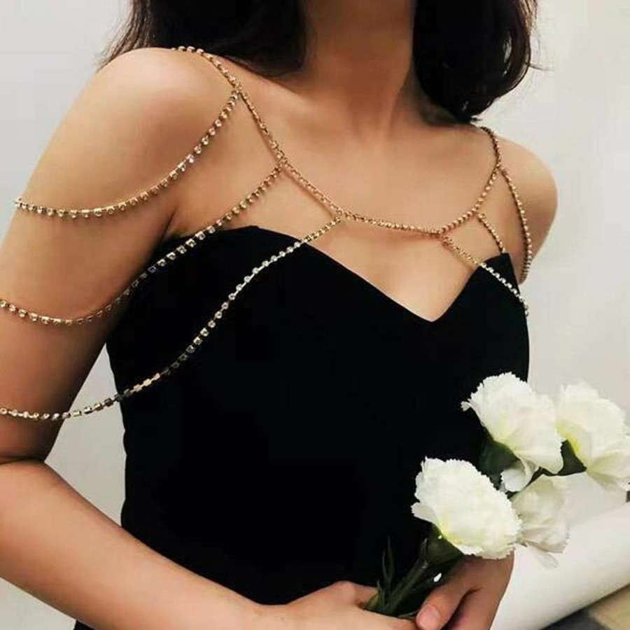 Body Chains | DRESBE Dresbe Boho Layered Shoulder Chain Gold Rhinestone Body Chains Party Body Jewelry Accessories For Women And Girls