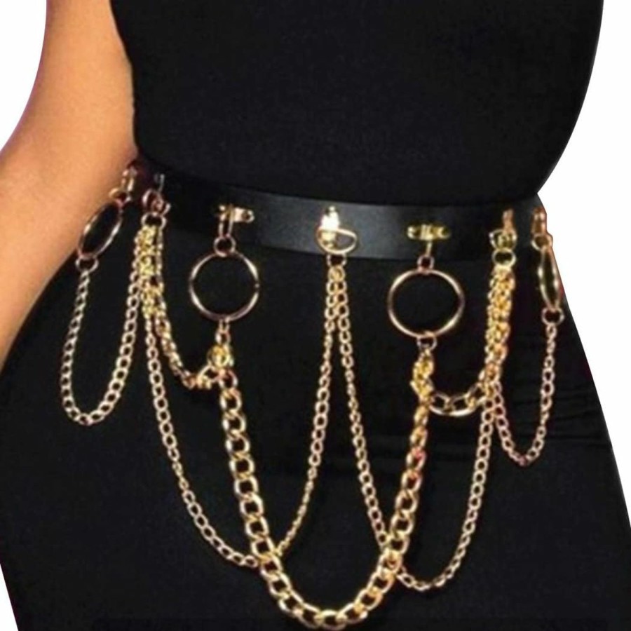 Body Chains | BODIY Bodiy Layered Waist Chain Belts Black Leather Circle Punk Gothic Belly Body Chain Rave Accessories Strap Festival Body Jewelry For Women And Girls (Gold)