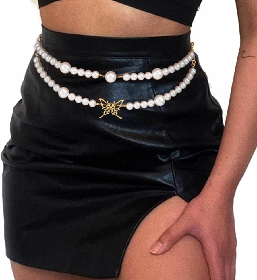 Body Chains | COSYDAYS Cosydays Pearl Waist Chain Belt Butterfly Body Chains Harness Layered Belly Chain Party Nightclub Sexy Beach Bikini Chain Body Jewelry For Women And Girls