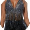 Body Chains | Wosois Wosois Rhinestone Tassel Body Chain Black Sparkly Crystal Crop Tops Backless Halter V Neck Fringe Tank Top Nightclub For Women And Girls