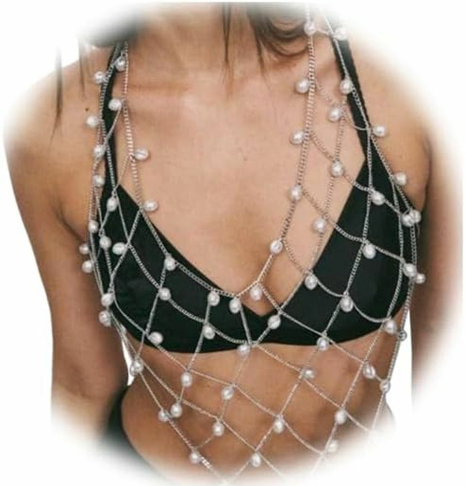 Body Chains | Cusmyre Summer Boho Pearl Bra Body Chain Bikini Beads Lingerie Chain Necklace Crystal Bead Body Chain Jewelry Trend Festival Pearl Waist Jewelry For Women (Silver)