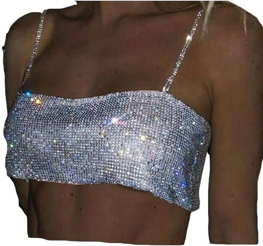 Body Chains | EVILD Evild Rhinestone Crop Top Silver Sparkly Party Body Chain Glitter Crystal Bra Jewelry Adjustable Backless Chest Club Rave Jewelry For Women And Girls