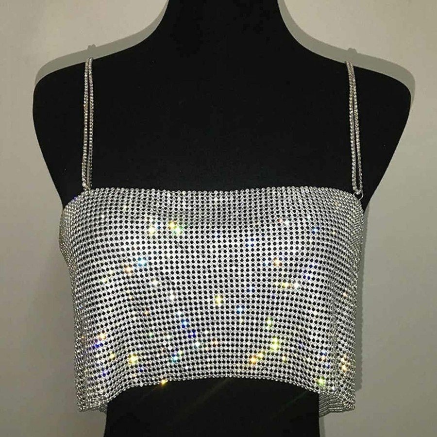 Body Chains | EVILD Evild Rhinestone Crop Top Silver Sparkly Party Body Chain Glitter Crystal Bra Jewelry Adjustable Backless Chest Club Rave Jewelry For Women And Girls