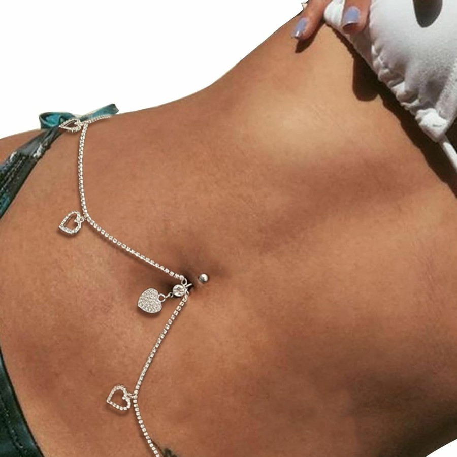 Body Chains | Cusmyre Simple Summer Rhinestone Heart Dangle Belly Button Ring With Waist Chain Crystal Piercing Navel Belly Chain Sexy Bikini Belly Body Chain Jewelry Accessories For Women (Silver)