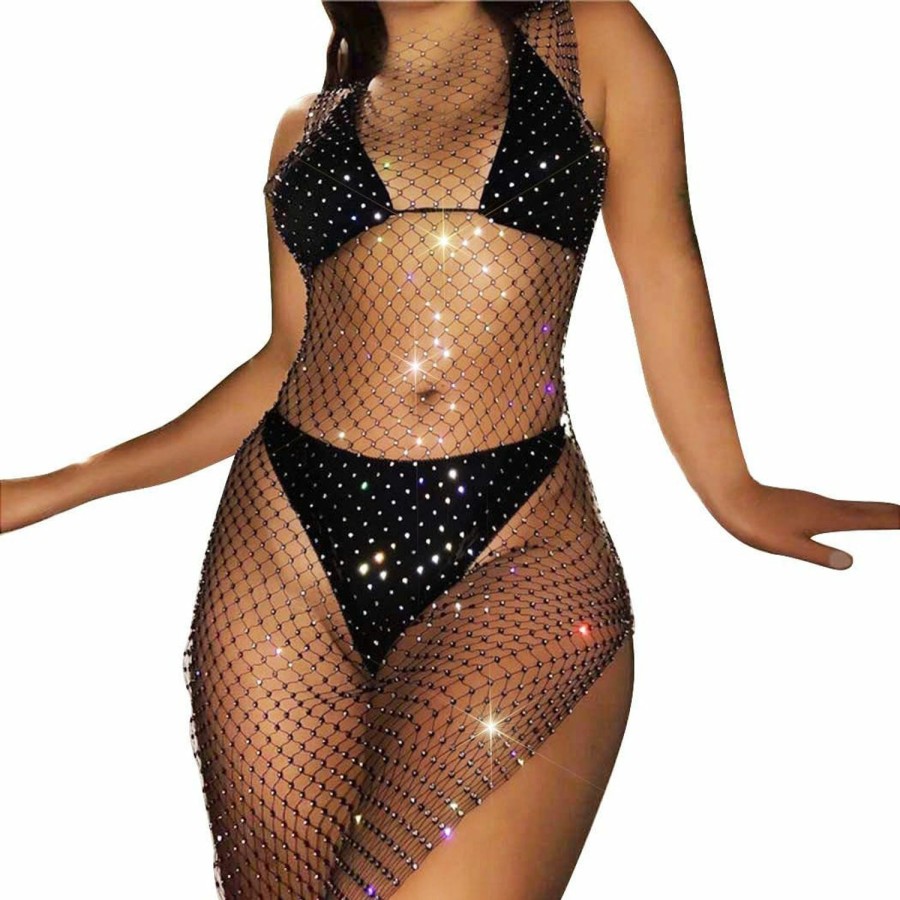 Body Chains | Asooll Asooll Fashion Rhinestone Fishnet Cover Up Black Mesh Hollow Out Dress Beach Bikini Club Bodycon Coverups For Women And Girls