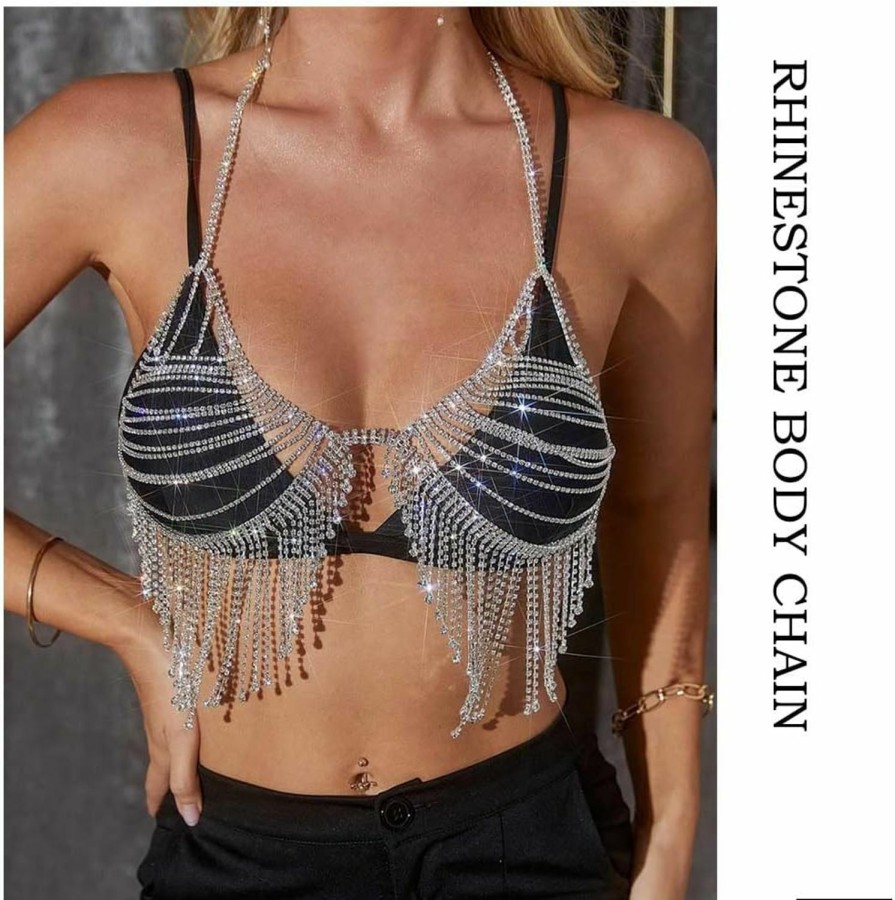 Body Chains | Salliy Salliy Boho Body Chain Bra Silver Sexy Rhinestone Bikini Bra Body Halter Backless Sequins Chain Bra Beach Body Accessories Jewelry For Women And Girls (Silver)