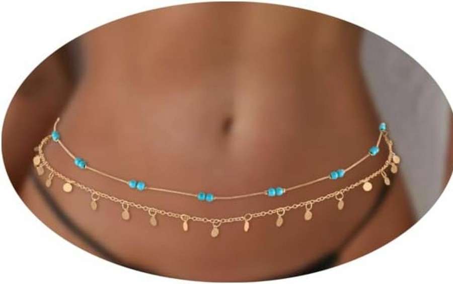 Body Chains | JEWEKY Jeweky Layered Belly Body Chain Sequin Waist Chain Turquoise Body Chain Beach Summer Body Jewelry For Women And Girls