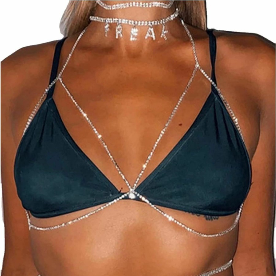 Body Chains | Rotaiboes Crystal Body Chain Rhinestone Chest Chain Sexy Bikini Bra Jewelry Fashion Beach Prom Rave Body Accessories Jewelry For Women And Girls (Silver)