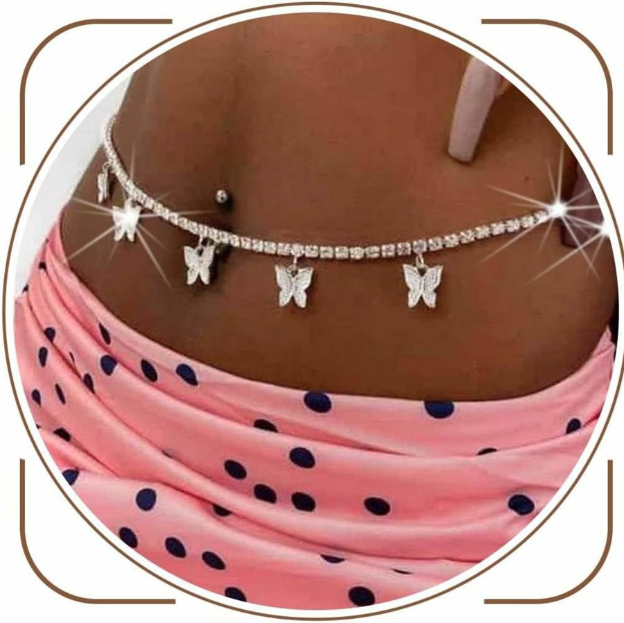 Body Chains | JEWEKY Jeweky Rhinestone Waist Chain Jewelry Silver Butterfly Belly Chain Summer Beach Crystal Body Chain For Women