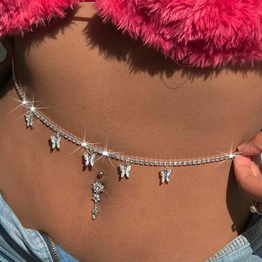 Body Chains | JEWEKY Jeweky Rhinestone Waist Chain Jewelry Silver Butterfly Belly Chain Summer Beach Crystal Body Chain For Women