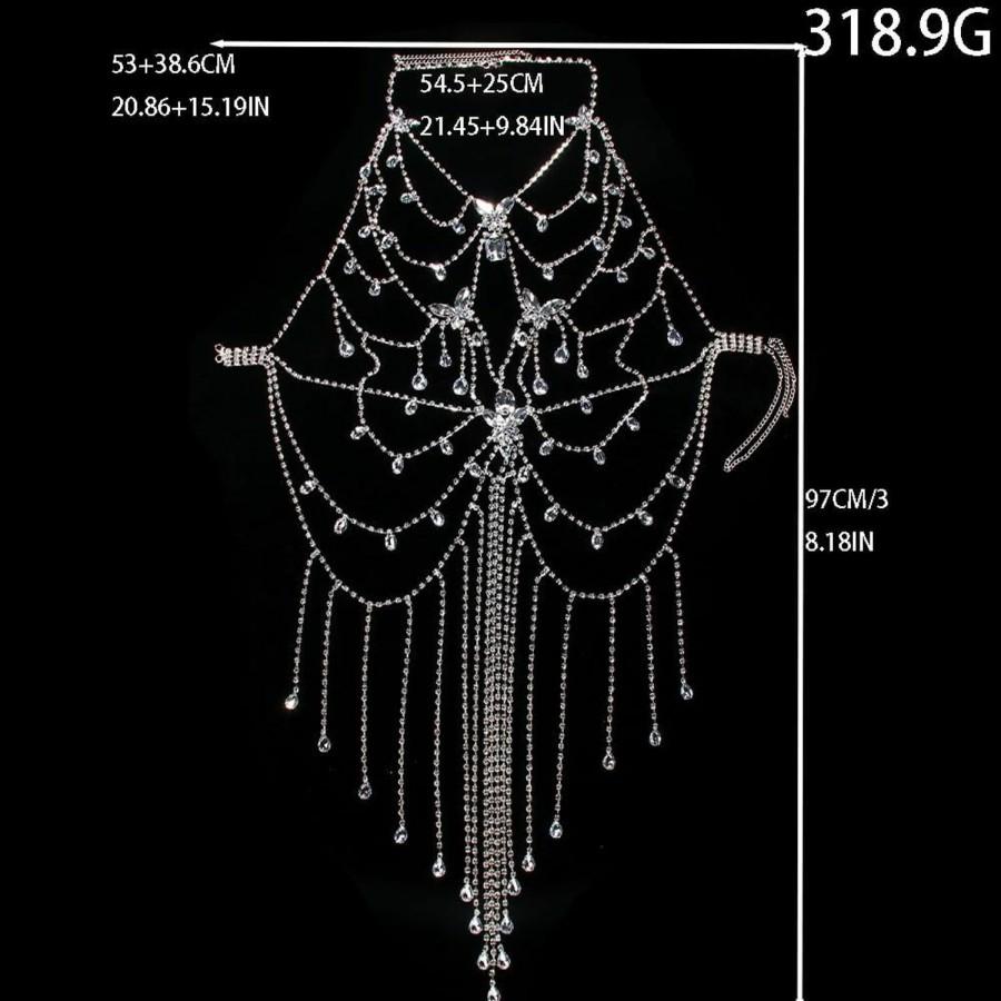 Body Chains | STONEFANS Stonefans Butterfly Tassel Body Chain Skirt Silver Sexy Rhinestone Bra Chain Dress Adjustable Crystal Body Jewelry Rave For Women And Girls