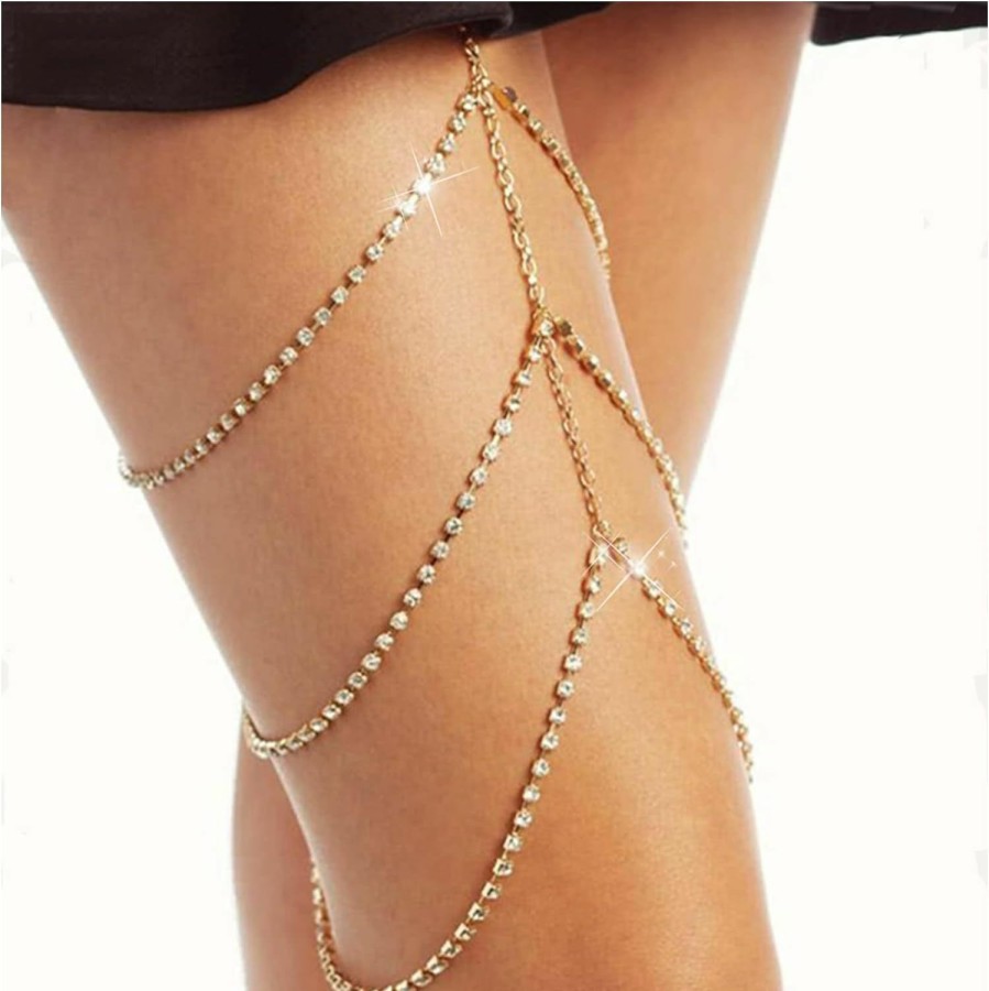 Body Chains | Rotaiboes Sexy Crystal Leg Chains Multi-Layered Rhinestone Thigh Chain Elastic Leg Chain Beach Bikini Body Jewelry Accessories For Women And Girls (Silver)