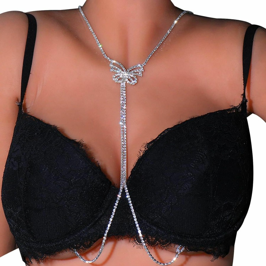 Body Chains | Zangoiry Rhinestone Butterfly Bra Body Chain Non Piercing Nipple Chain Necklace Crystal Chest Chain Sexy Lingerie Nipple Jewelry Rave Body Jewelry For Women (Silver)