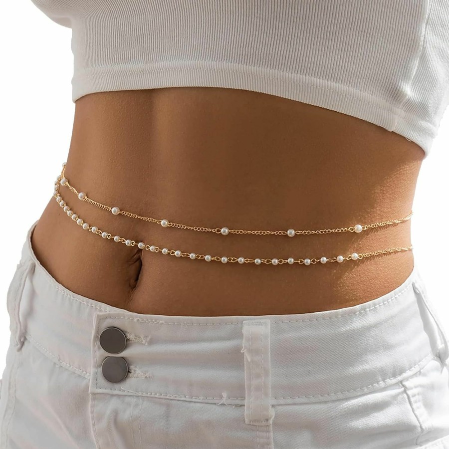 Body Chains | Cusmyre Multilayer Boho Beaded Waist Chain Jewelry Sexy Double Layer Pearl Belly Body Chain Summer Beach Beads Body Chain Bikini Metal Thin Waist Body Jewelry For Women And Girl (Gold)