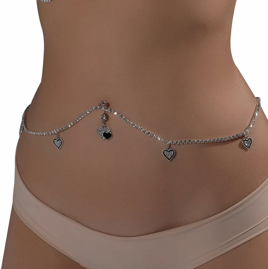 Body Chains | WFik Sexy Rhinestone Waist Chain With Heart Dangle Belly Summer Crystal Button Chain Navel Piercing Belly Ring Chain Bikini Festival Rave Dancer Belly Body Chain Jewelry For Women