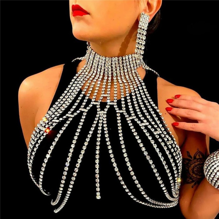 Body Chains | Xerling Xerling Rhinestone Fringe Tassels Bra Body Chain Necklace Halter Top Body Jewelry For Women Party Nightclub