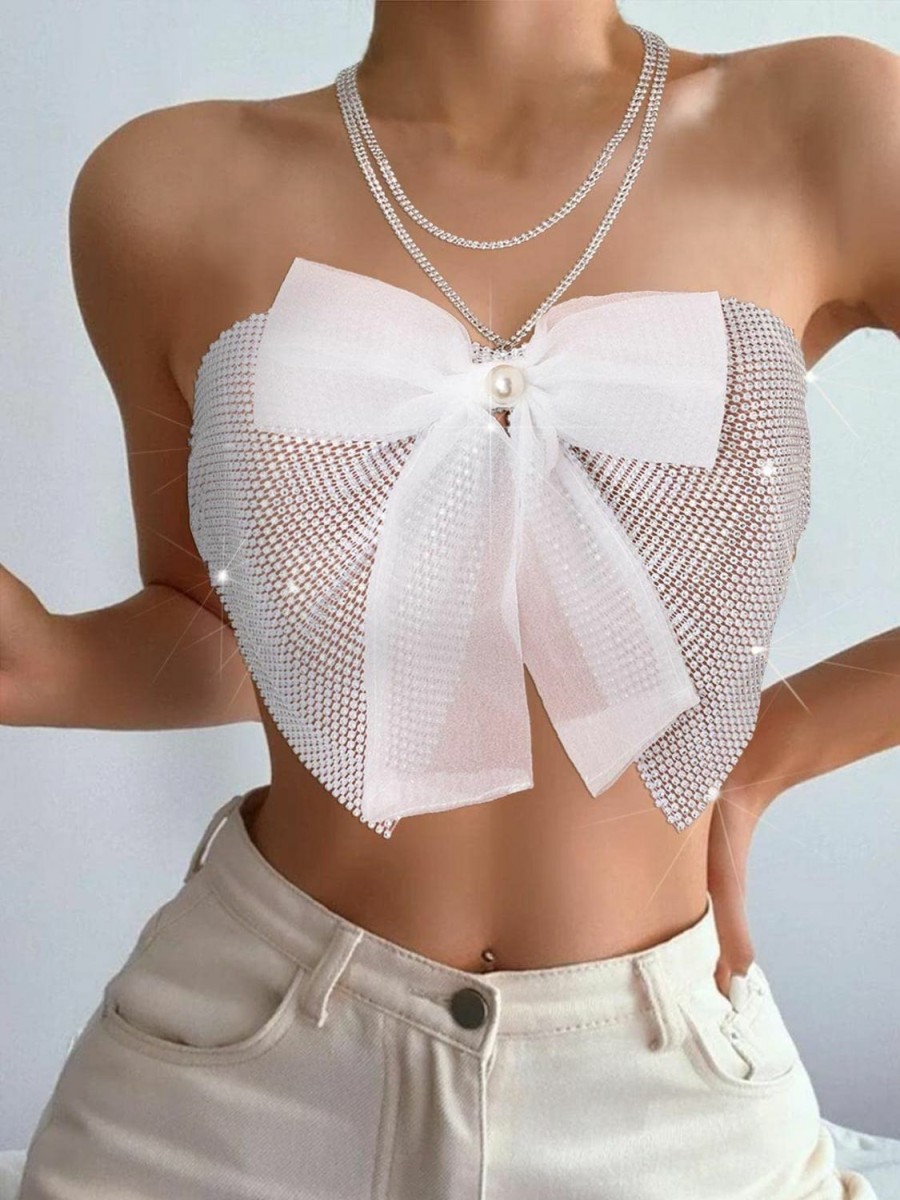 Body Chains | Wriidy Wriidy Rhinestone Bra Bikini Sparkly Beach Top Mesh Fishnet Pearl Underwear Body Chain Accessories Nightclub Jewelry For Women And Girls (White)