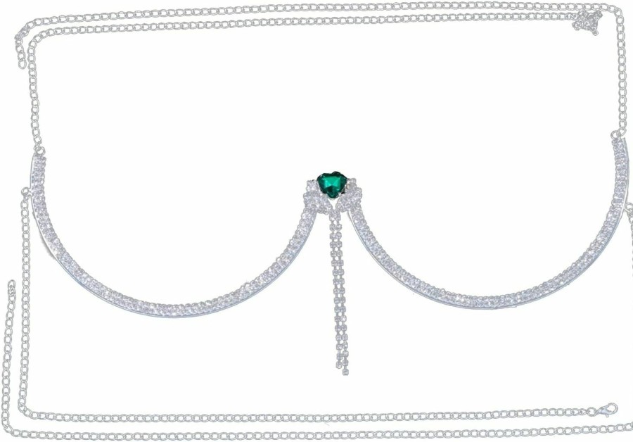 Body Chains | Cusmyre Rhinestone Heart Chest Bracket Bra Body Jewelry Sexy Tassel Crystal Chest Bracket Rhinestone Bra Body Chain Bikini Waist Body Chain For Women (Green Pendant)